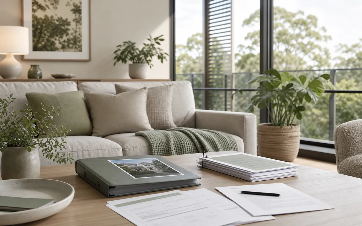 Calm modern living room with property paperwork for SMSF trustee compliance